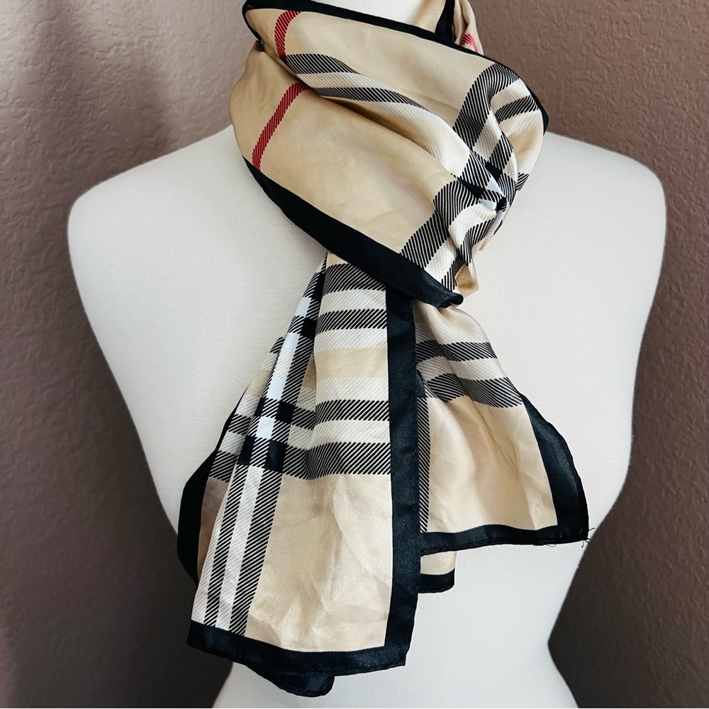 🧣 Vintage-Inspired Plaid Scarf – Beige, Black & Red – V.FRAAS